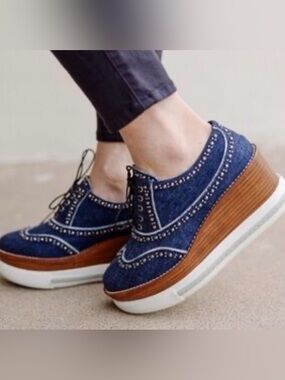 Miu Miu Navy Denim and Brown Platform Brogues